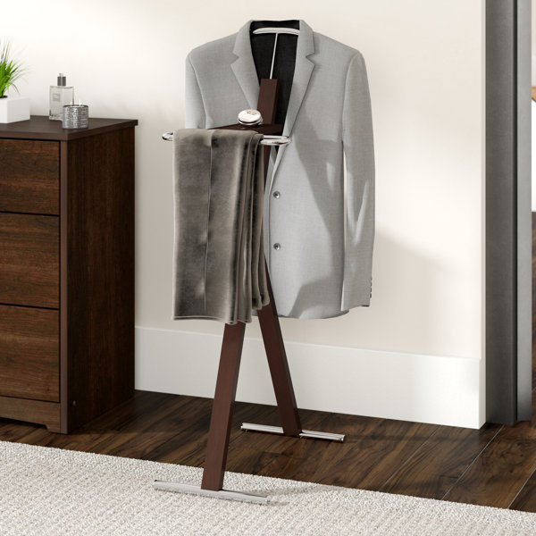 Painesville Valet Stand Organizer Suit Rack Bedroom Wood Metal Brown Chrome Contemporary Modern